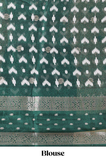 Green Mars Georgette Body Floral Print With Contrast Bentex Border Above Kalamkari Print With Kalamkari Pallu