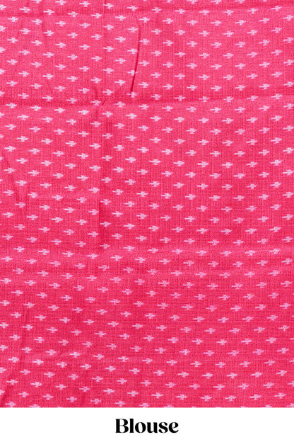 Pink & white geometric ikkat style south cotton saree with striped pallu and blouse