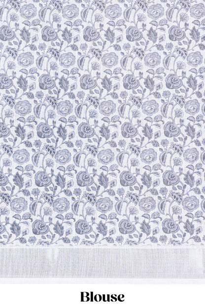 White floral design linen cotton saree with self silver zari border printed blouse