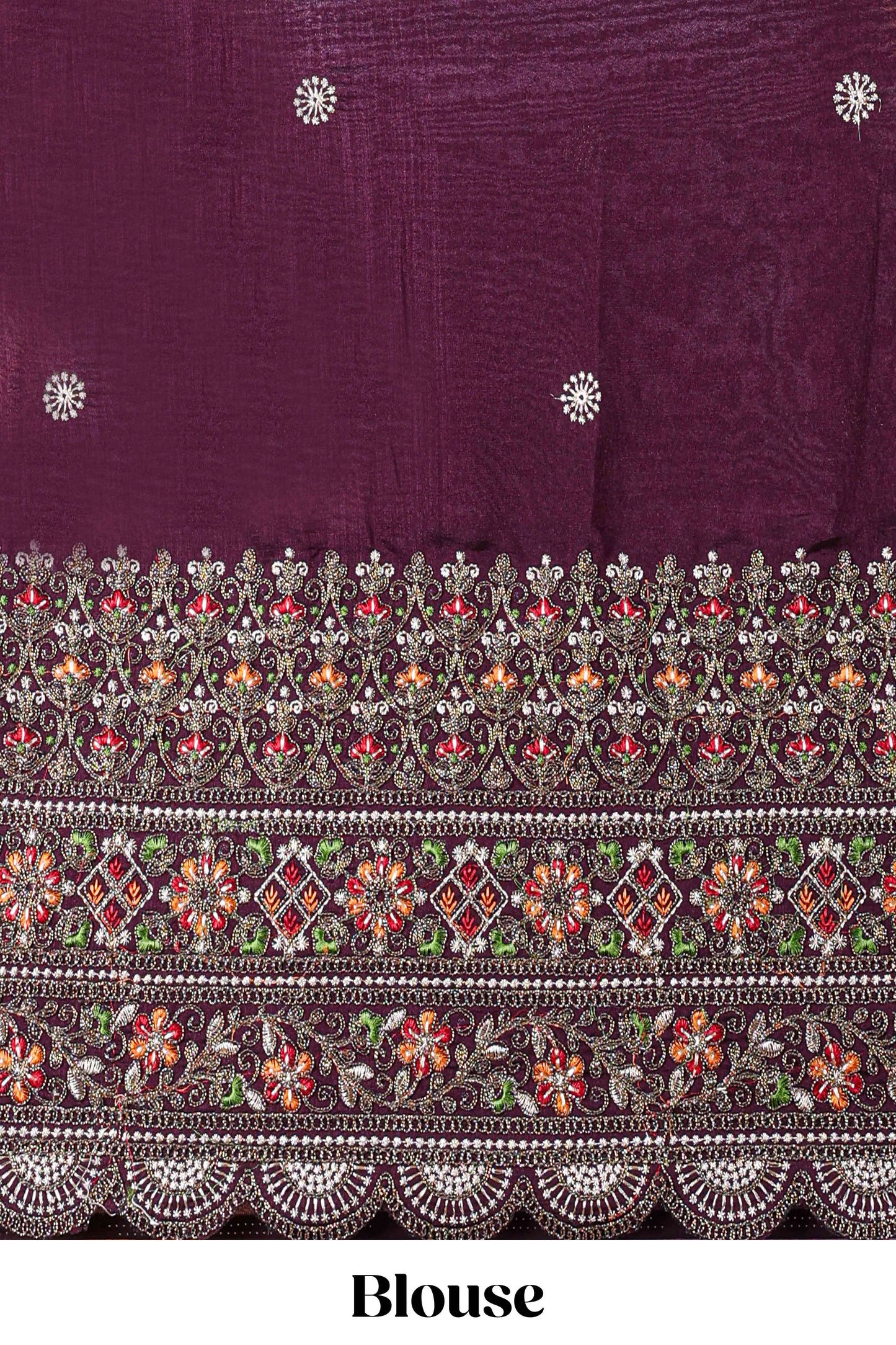 Lavender chiffon georgette crush saree with all-over stone work, stone & beads border, and short stone work pallu with contrast embroidery blouse