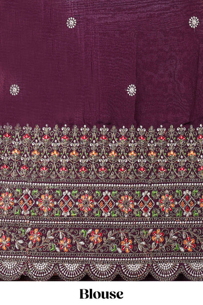 Lavender chiffon georgette crush saree with all-over stone work, stone & beads border, and short stone work pallu with contrast embroidery blouse