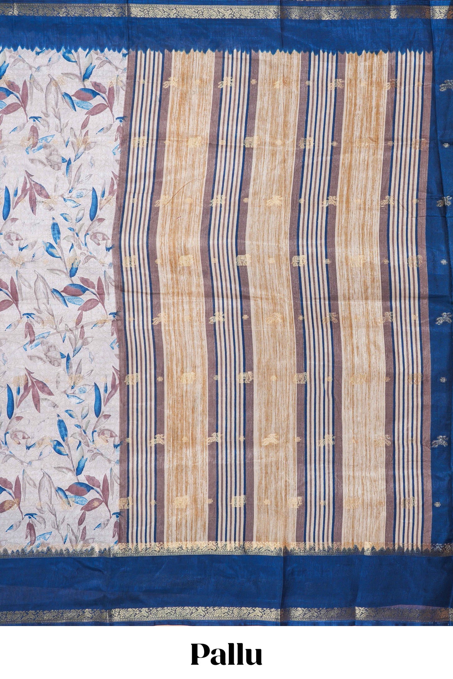 Sandal Semi Dola Silk Saree All- Over Leaf Printed, Zari Butta And Stripes Pallu Along With Contrast Blouse