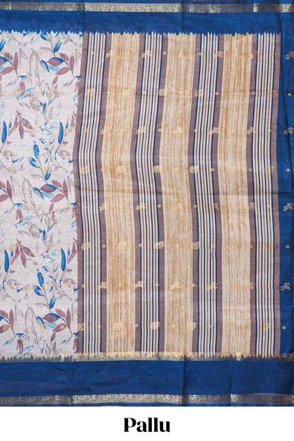 Sandal Semi Dola Silk Saree All- Over Leaf Printed, Zari Butta And Stripes Pallu Along With Contrast Blouse