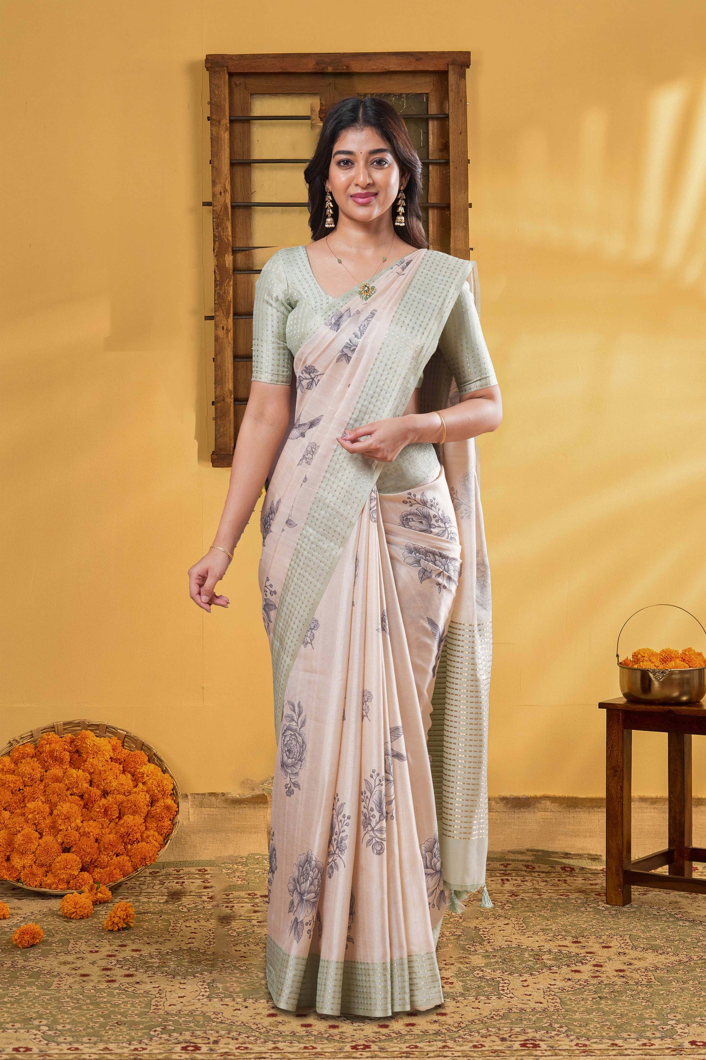 Sandal Art Tussar Saree Flower Motifs Across The Body With Contrast Zari Weaving Pallu