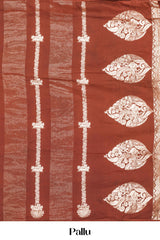 Copper Brown Viscose Georgette Saree Zari Woven Stripes, Floral Design Across The Body With Paisley Motifs Pallu