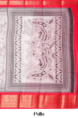 White Dola Silk Saree Pen Kalamkari Print Across The Body With Contrast Floral Zari Weaving Border Along With Zari Stripes Blouse