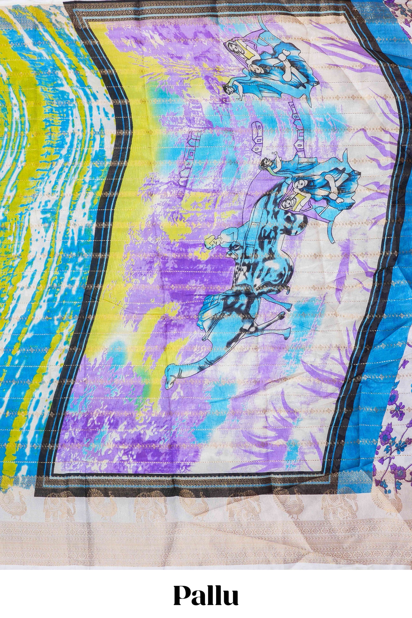 dolo silk saree with tie and dye abstract print all over body with kanchipuram border and rajastani village art pallu and floral print blouse