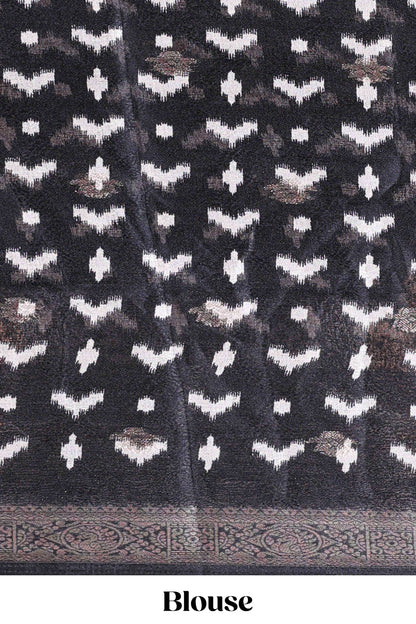 Black Mars Georgette Body Floral Print With Contrast Bentex Border Above Kalamkari Print With Kalamkari Pallu