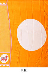 Vibrant Yellow Modal Silk Saree The Body Has Fine Vertical White Stripes The Border Are Highlighted Pichwai Design Along With Ajrakh Printed Blouse
