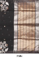 Black Munga Cotton Floral Motifs Weaving Across The Body With Gold Zari Stripes Pallu Along With Butta Design Blouse