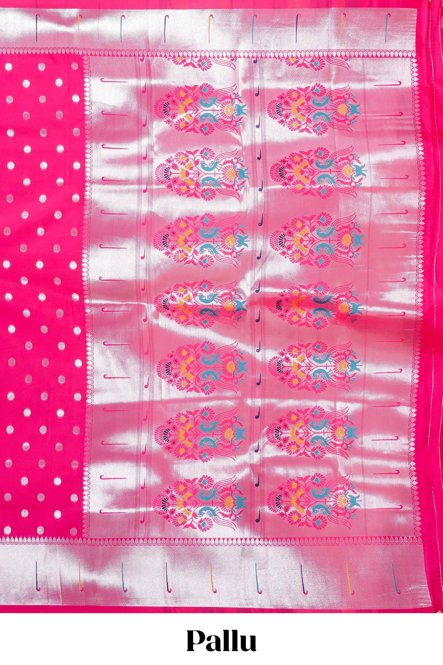 Rani Pink Semi Banarasi Paithani Saree Silver Zari Paisa Motifs Across The Body & Paithani Pallu Along With Blouse