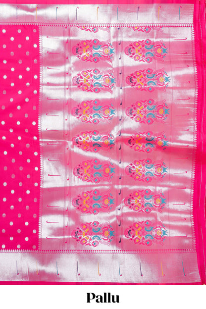 Rani Pink Semi Banarasi Paithani Saree Silver Zari Paisa Motifs Across The Body & Paithani Pallu Along With Blouse