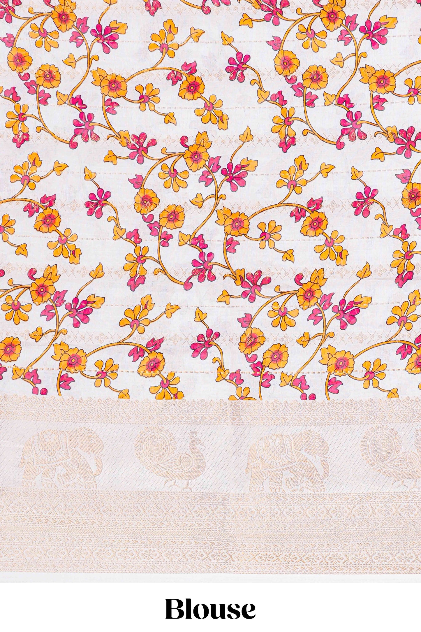 Dolo Silk Saree With tie and dye Abstract Print all Over Body with Kanchipuram Border and Rajastani Village art Pallu and Floral Print Blouse