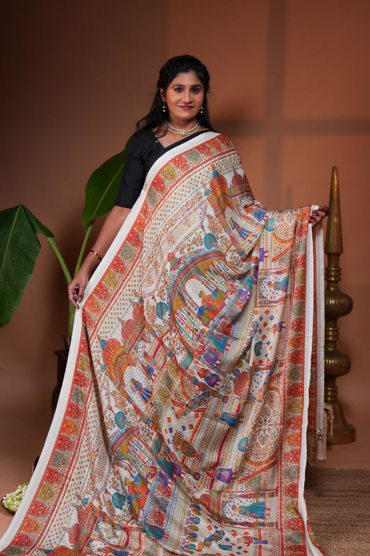 Cream mughal style foil print georgette saree with self border and matching floral printed blouse