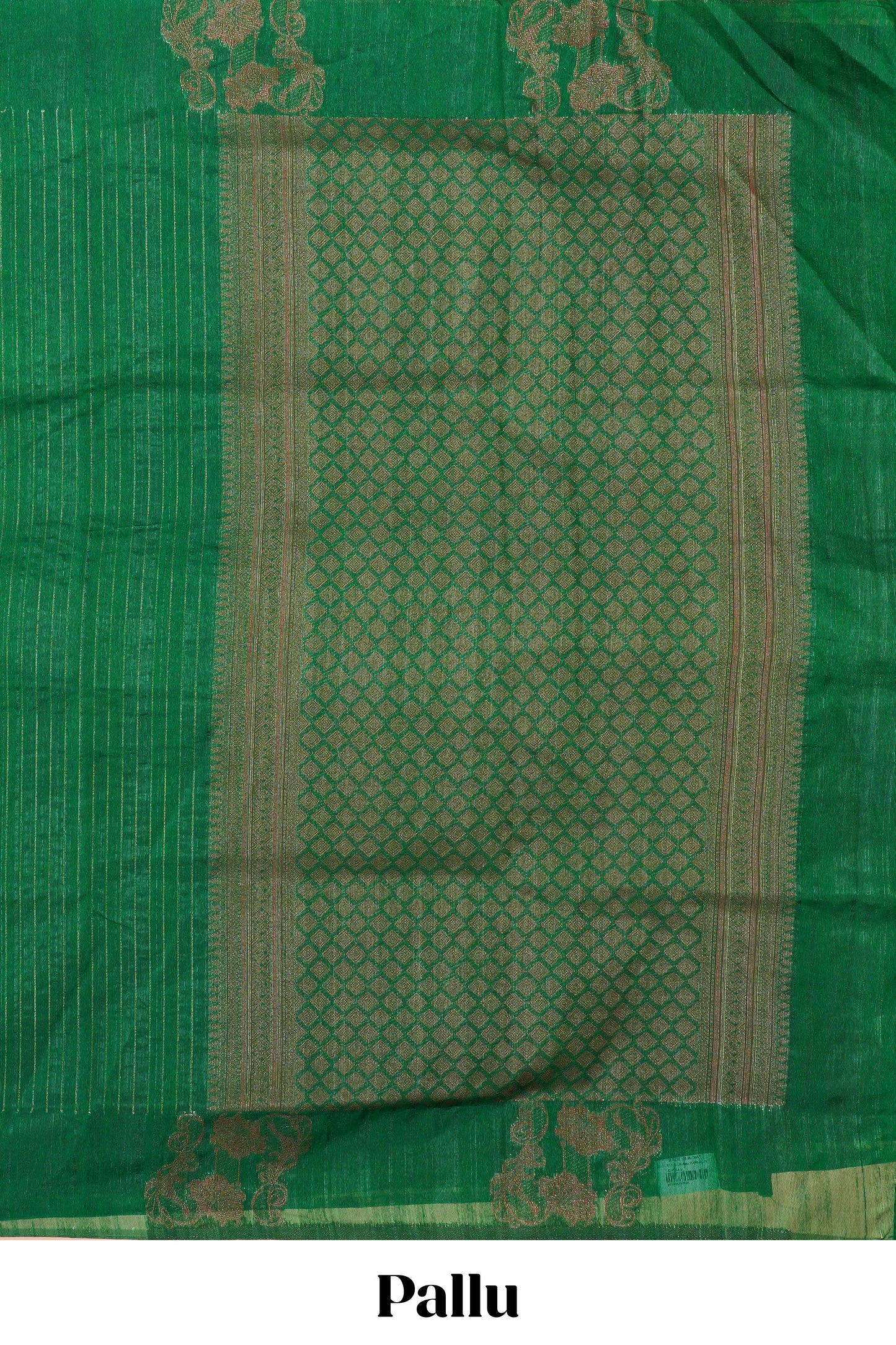 Green Raw Silk Saree Golden Zari Stripes Across The Body And Diamond Motifs Pallu