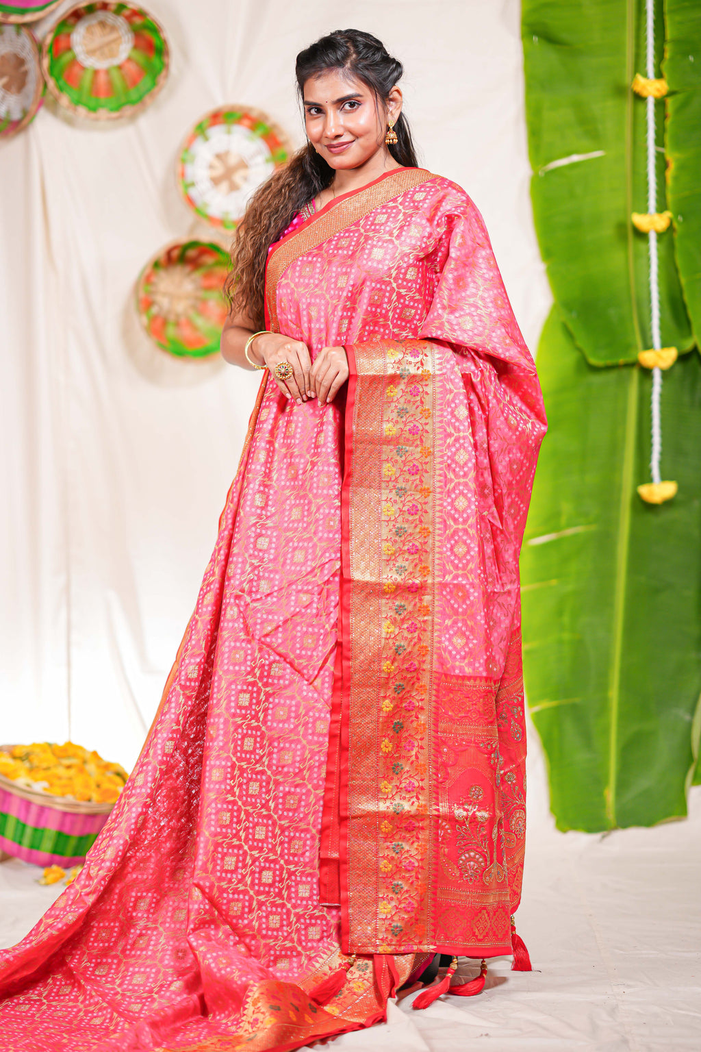 Pink geometric design kota cotton saree with contrast border and printed pallu