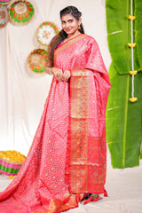 Pink geometric design kota cotton saree with contrast border and printed pallu