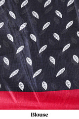 Black floral design kalamkari print south cotton saree with contrast border and matching blouse