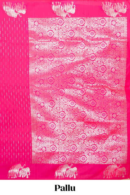 Rani Pink Semi Soft Silk Saree Zari Butta All Over And Floral Design Pallu