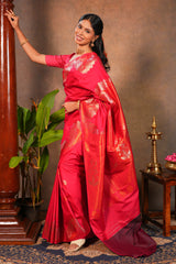 Rani pink Semi Silk Saree Gold Zari Woven Paisley Motifs with Woven Zari Border and Contrast Blouse