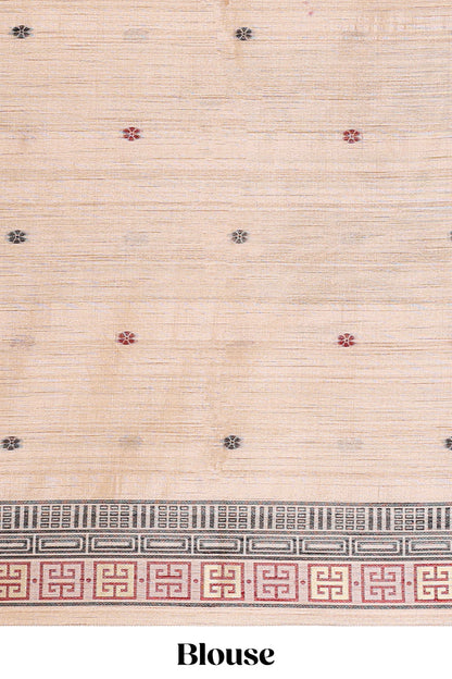 Cream munga cotton peacock butta saree with fine thread weaving, borderless style and matching blouse