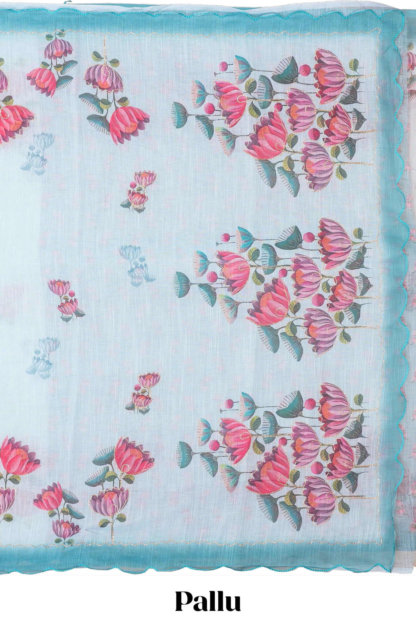 Linen Saree Body Printed With Outing Zari With Piping Cut Work