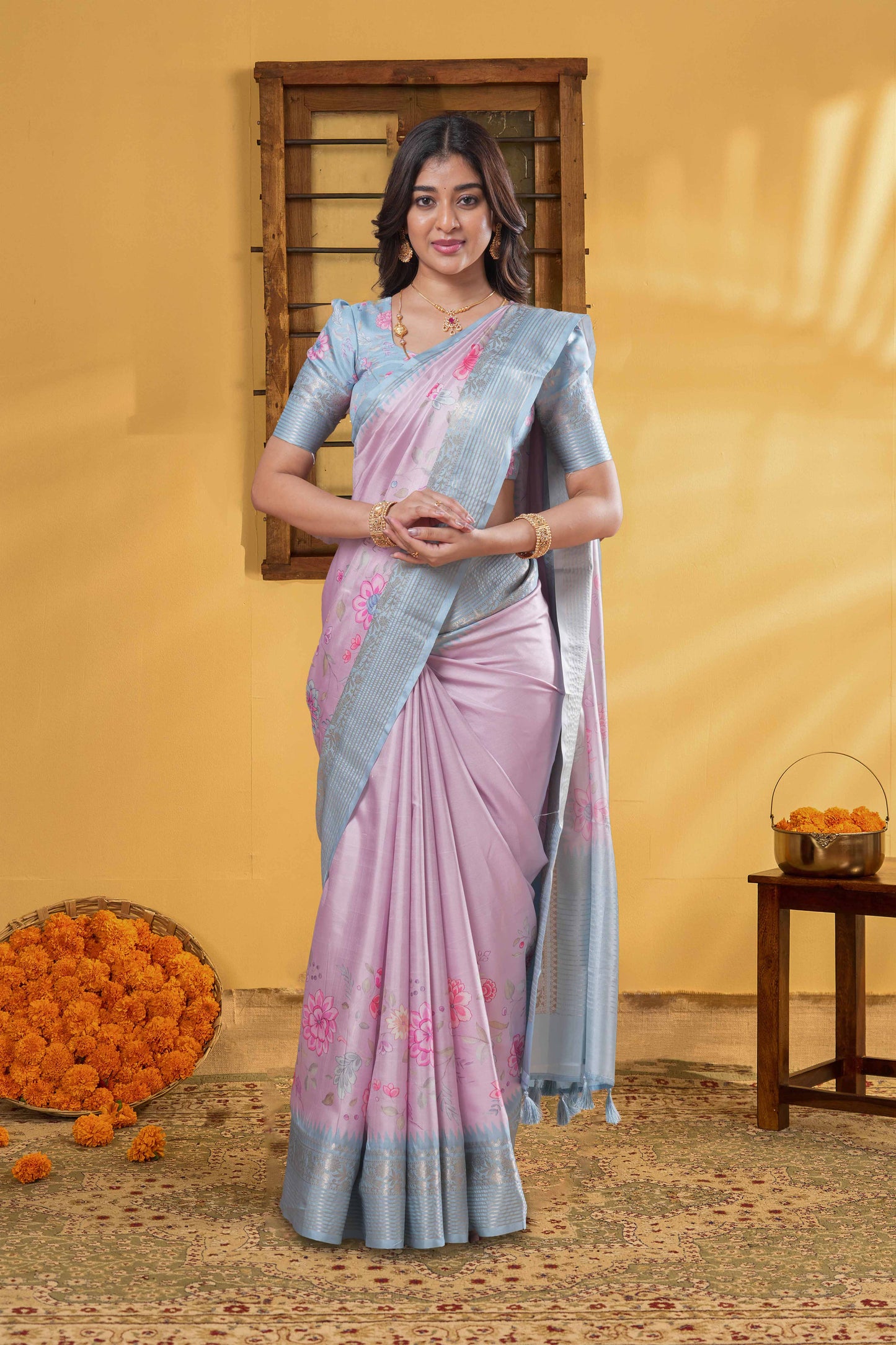 Pink Art Tussar Saree Digital Floral Across The Body & Zari Stripes Pallu