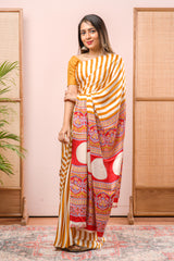 Modal Silk Sareehe Body Has Contrast Vibrant Yellow Vertical Stripes The Pallu Are Highlighted Ajrakh Design Along With Blouse