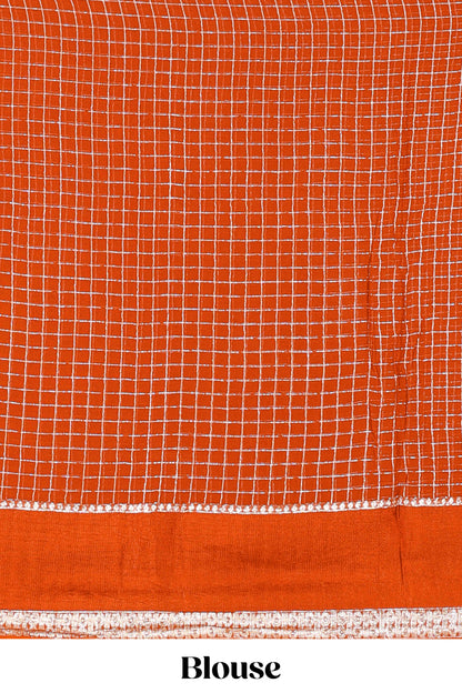 Orange Georgette Saree All Over Zari Check With Satin Border