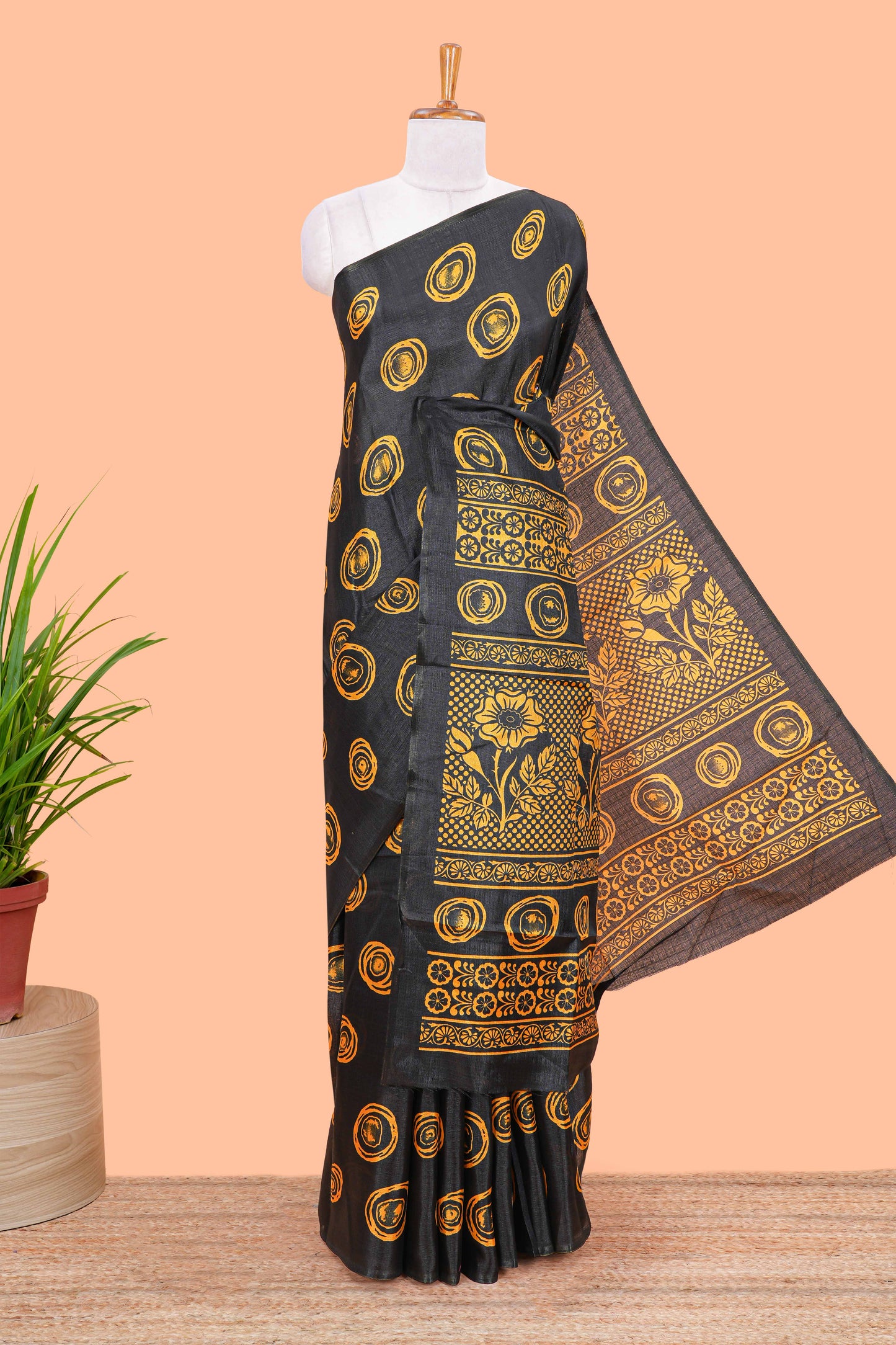 Borderless black south cotton saree with mustard adire batik print on body and pallu