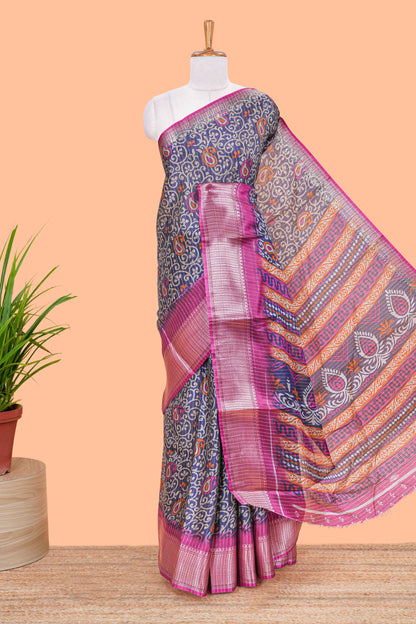 Blue dola silk saree with rico zari weaving and contrast jacquard border