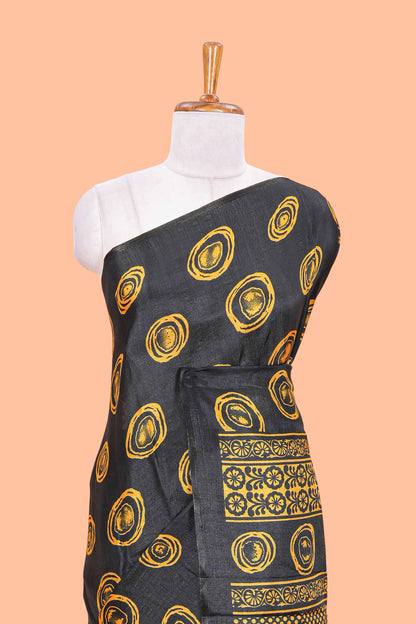 Borderless black south cotton saree with mustard adire batik print on body and pallu