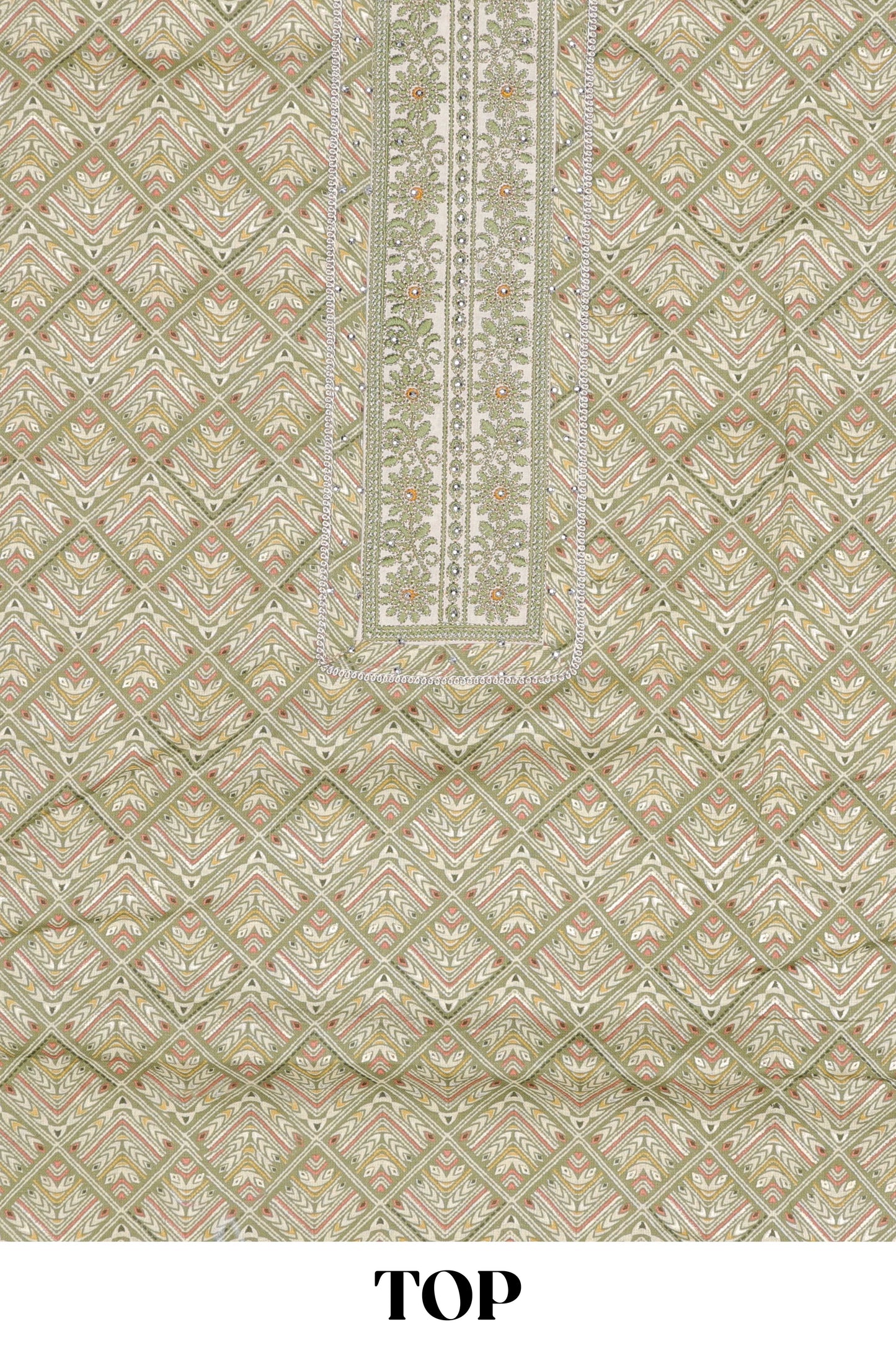 Green cotton geomentrical embroidered chudidhar material with contrast bottom and dupatta