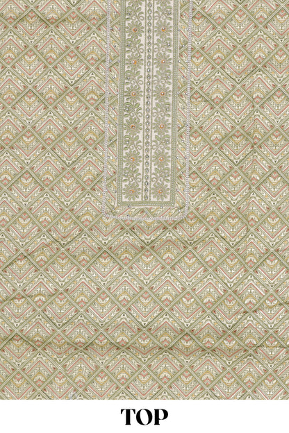 Green cotton geomentrical embroidered chudidhar material with contrast bottom and dupatta