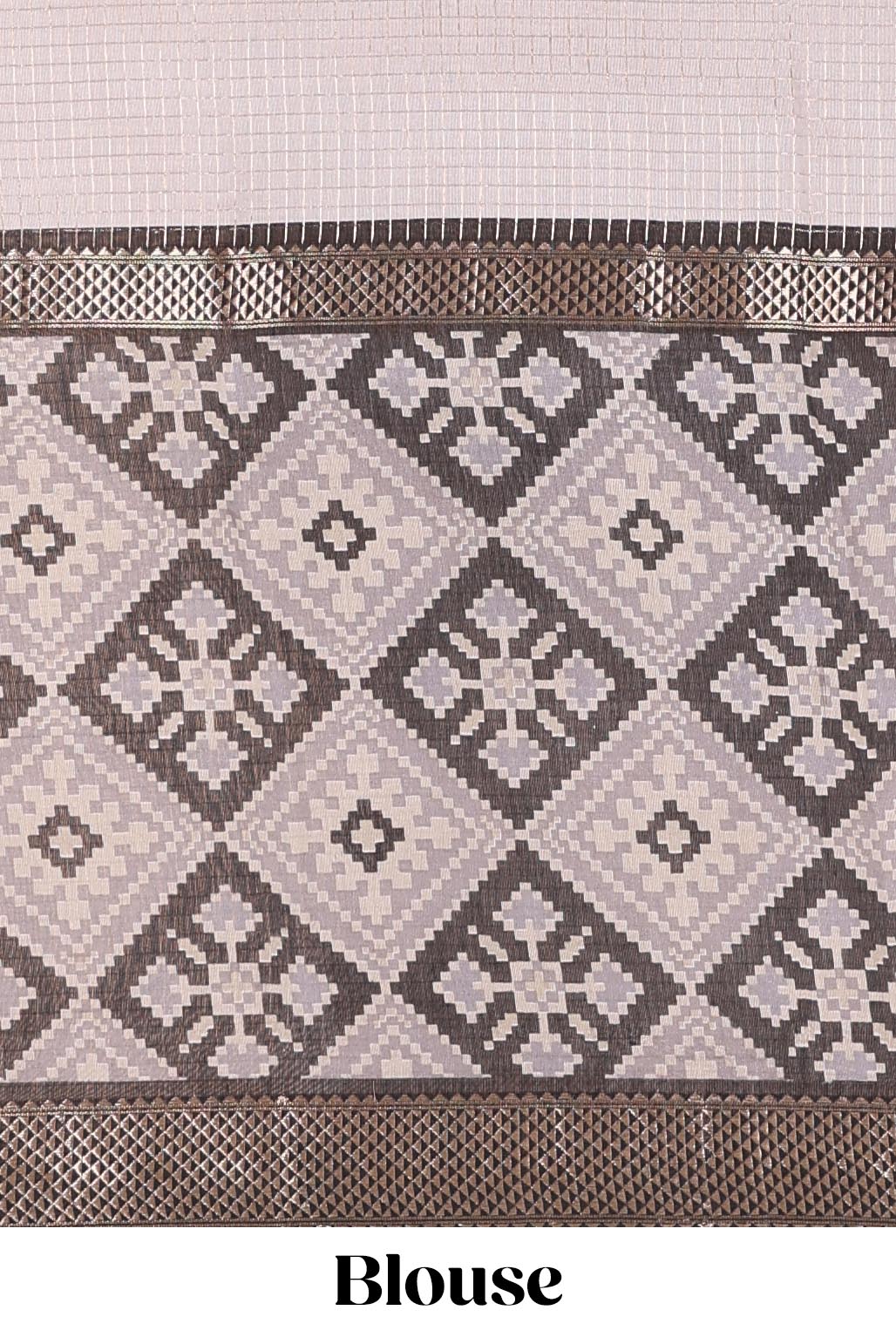 Grey checked chanderi cotton saree with floral design, contrast geomentric zari border