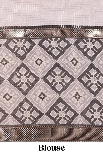 Grey checked chanderi cotton saree with floral design, contrast geomentric zari border