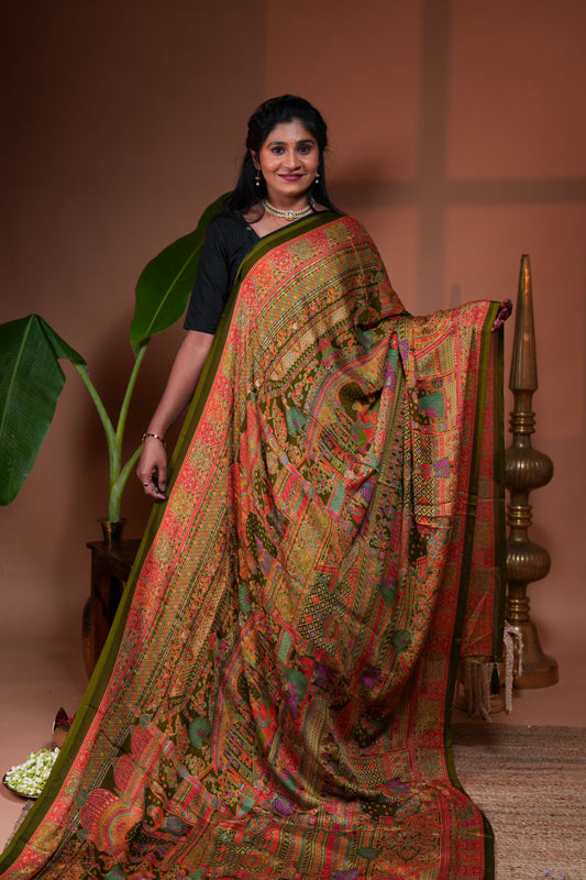 Olive green mughal style foil print georgette saree with self border and matching floral printed blouse