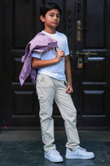 Kids Lavender Button-Down Shirt and Graphic T-Shirt Combo with Cream Cargos