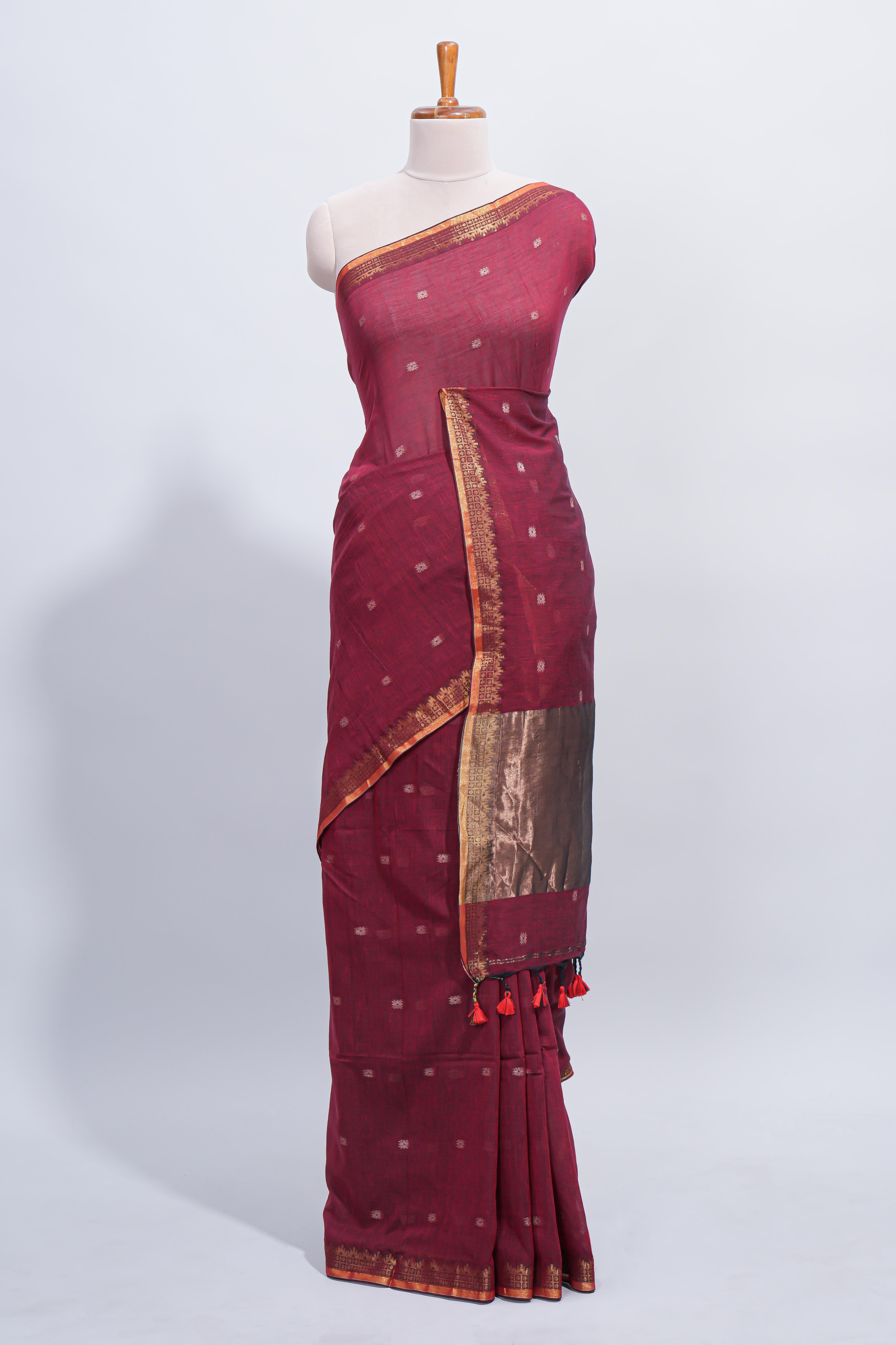 Maroon thread butta south cotton saree with self zari border and matching pallu