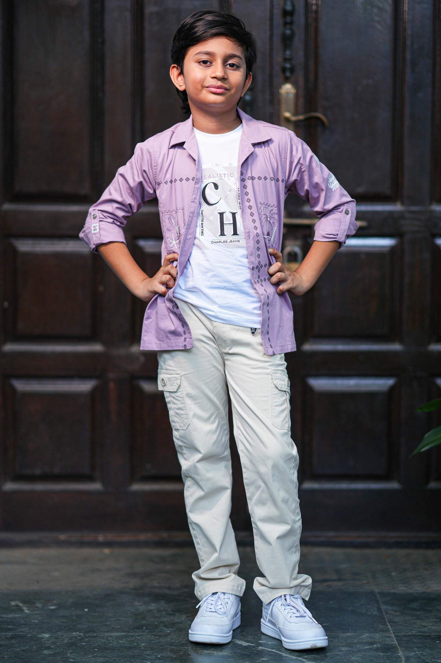 Kids Lavender Button-Down Shirt and Graphic T-Shirt Combo with Cream Cargos