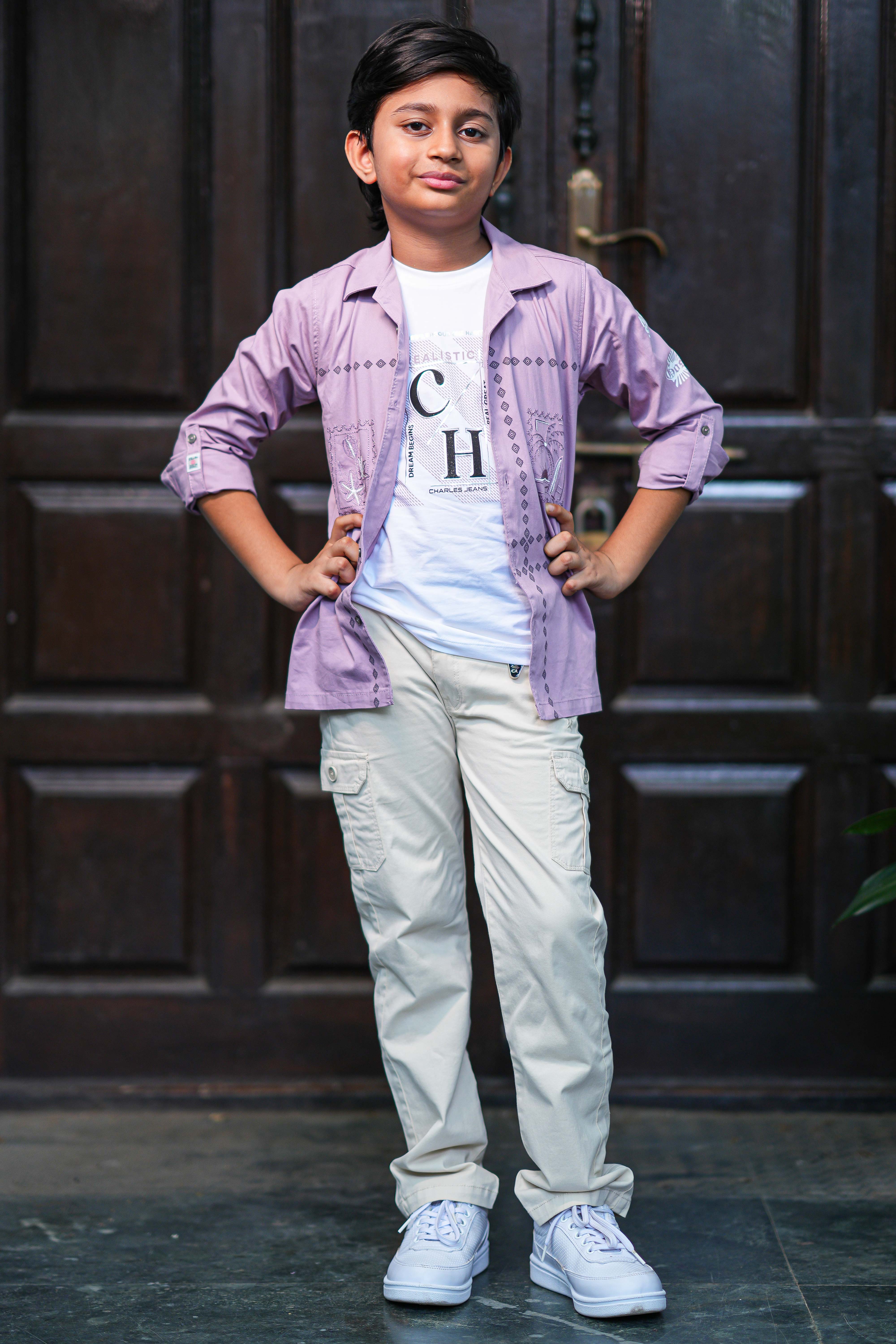 Kids Lavender Button-Down Shirt and Graphic T-Shirt Combo with Cream Cargos