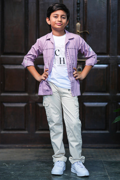 Kids Lavender Button-Down Shirt and Graphic T-Shirt Combo with Cream Cargos