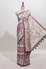 Violet Tussar Saree checkered body artistic floral prints and contrasting border with tassel along with blouse piece