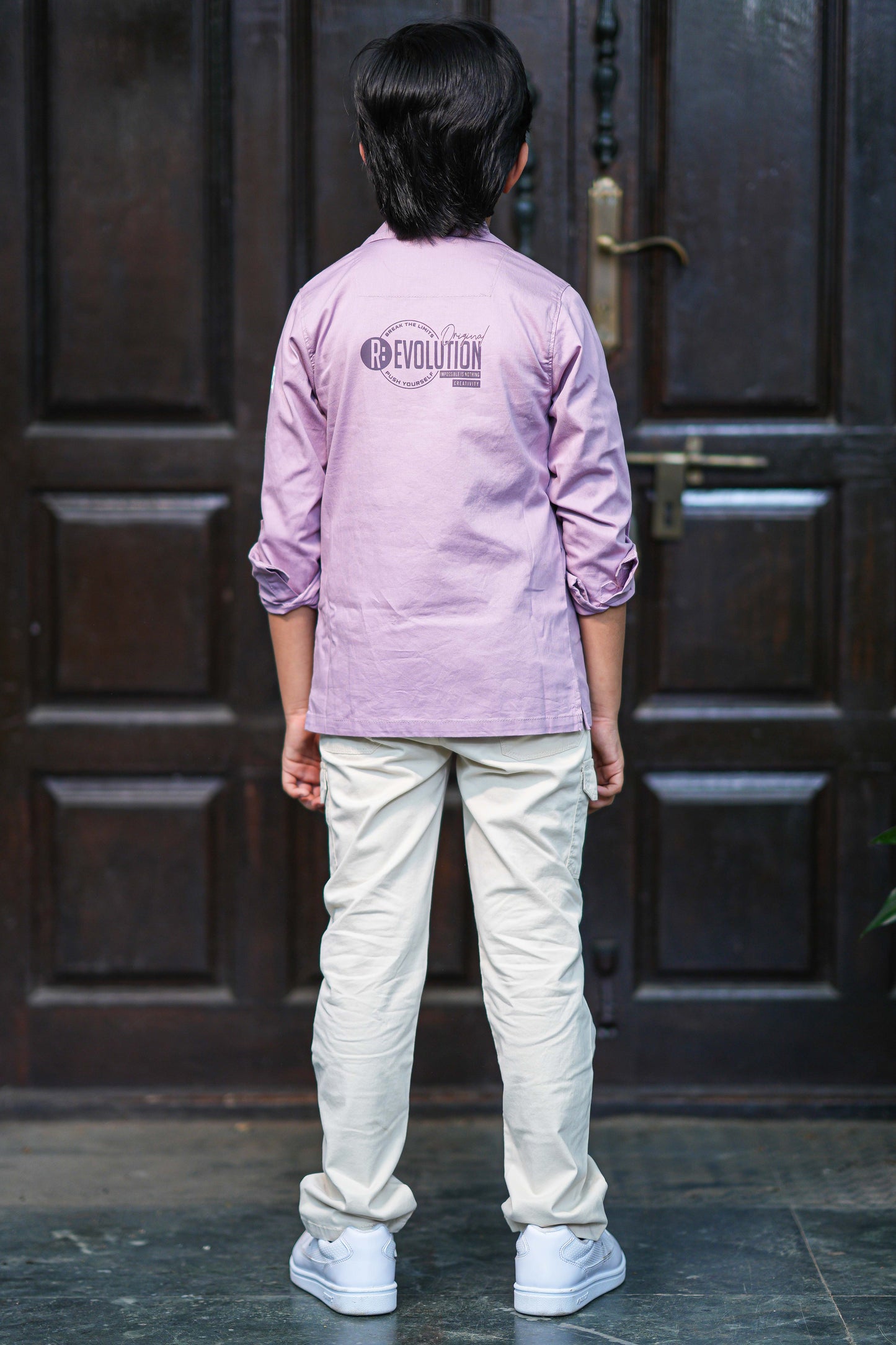 Kids Lavender Button-Down Shirt and Graphic T-Shirt Combo with Cream Cargos