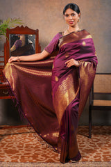 Maroon colour Semi soft Silk Saree Gold Zari Buttas design with Floral Woven Zari Border and Matching Blouse