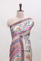 Violet Tussar Saree checkered body artistic floral prints and contrasting border with tassel along with blouse piece