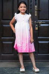 Kids Summer Knee-Length Dress - White to Pink Gradient Floral Border Casual Frock