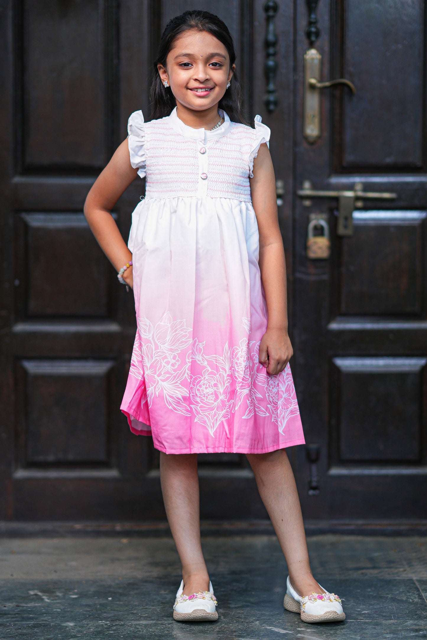 Kids Summer Knee-Length Dress - White to Pink Gradient Floral Border Casual Frock