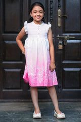 Kids Summer Knee-Length Dress - White to Pink Gradient Floral Border Casual Frock