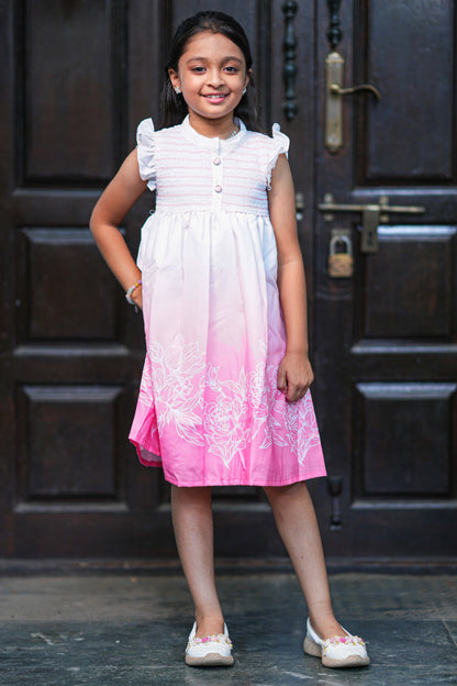 Kids Summer Knee-Length Dress - White to Pink Gradient Floral Border Casual Frock